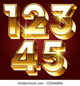 Three-dimensional golden alphabet. Vector illustration of 3d realistic font characters of gold. Numbers 1 2 3 4 5