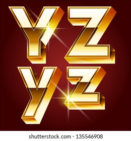 Three-dimensional golden alphabet. Vector illustration of 3d realistic font characters of gold. Letters y z