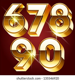 Three-dimensional golden alphabet. Vector illustration of 3d realistic font characters of gold. Numbers 6 7 8 9 0