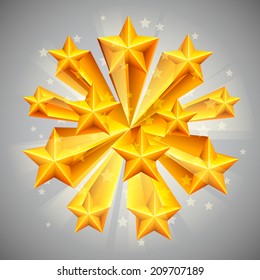 Three-dimensional golden stars on grey background.