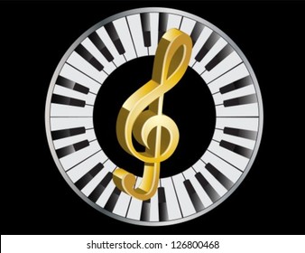 three-dimensional golden treble clef in a frame of piano keys