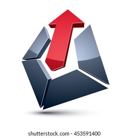 Three-dimensional graphic element with simple arrow, business development and technology innovation theme vector icon. Company growth concept, 3d abstract symbol.