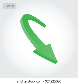 Three-dimensional  green arrow pointing down and to the right. Vector  symbol.