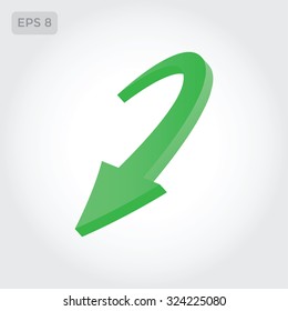 Three-dimensional green arrow pointing down and to the left. Vector  symbol.