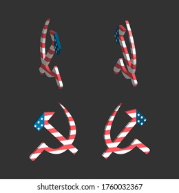 Juego de martillo y hoz tridimensional con la textura de la bandera de los Estados Unidos