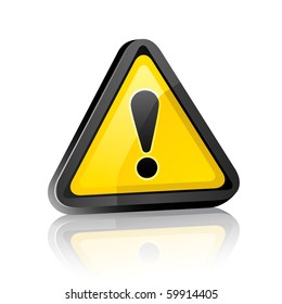 three-dimensional Hazard warning attention sign with exclamation mark  on white background with reflection