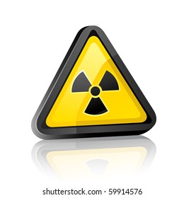 Three-dimensional Hazard warning sign with radiation symbol on white background with reflection