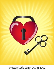 three-dimensional heart-lock and black shiny key on a yellow background