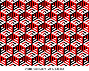 Tridimensional de hexágono y disposición en forma de cubo en colores gris oscuro, gris claro y rojo. Fondo de diseño de patrón geométrico Abstractas.