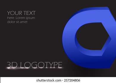 Three-dimensional horisontal blue logo with small text area and dark background