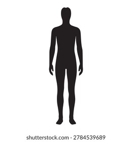A three-dimensional human figure model stands upright in a neutral pose against a plain, light gray background. The model is monochromatic, rendered in a matte dark gray tone with smooth shading, givi.