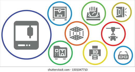 three-dimensional icon set. 9 filled three-dimensional icons.  Collection Of - 3d printer, 3d glasses