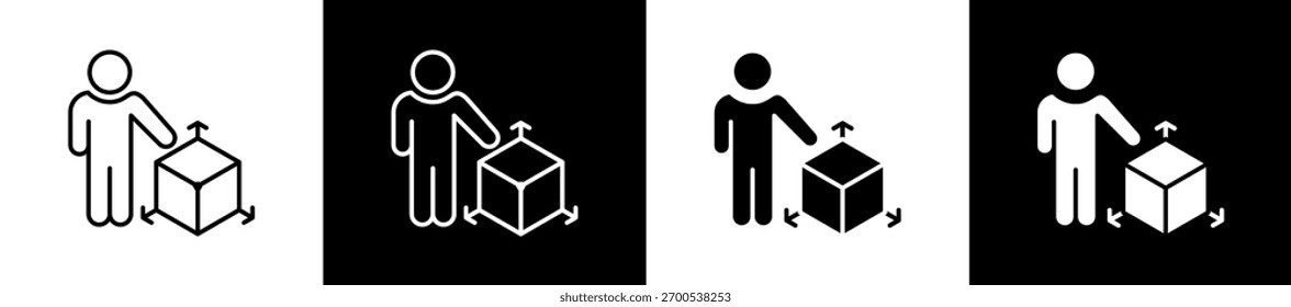 Three-Dimensional icon set in line and glyph style on black and white background