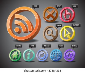 Three-dimensional icons of world wide web.