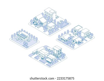 A three-dimensional illustration of a building. Cityscape view. Line drawing illustration.