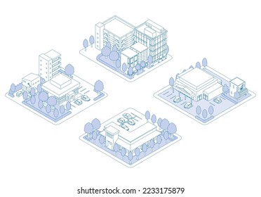 A three-dimensional illustration of a building. Cityscape view. Line drawing illustration.