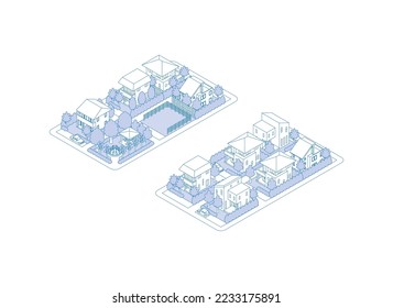 A three-dimensional illustration of a building. Cityscape view. Line drawing illustration.