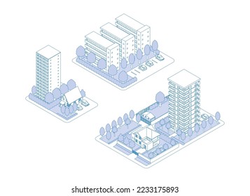 A three-dimensional illustration of a building. Cityscape view. Line drawing illustration.