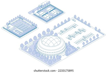 A three-dimensional illustration of a building. Cityscape view. Line drawing illustration.