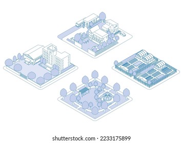 Ilustración tridimensional de un edificio. Vista del paisaje urbano. Ilustración de dibujo de línea.