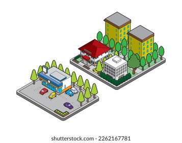 A three-dimensional illustration of a building.
Cityscape view.