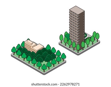 Ilustración tridimensional de un edificio. Vista del paisaje urbano.