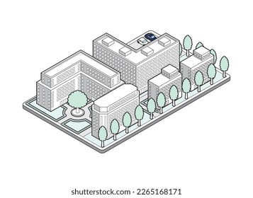 Ilustración tridimensional de un edificio. Vista del paisaje urbano.