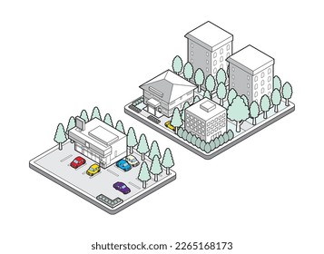 Ilustración tridimensional de un edificio. Vista del paisaje urbano.