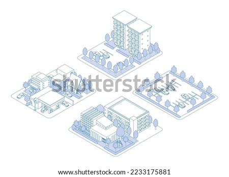 A three-dimensional illustration of a building. Cityscape view. Line drawing illustration.