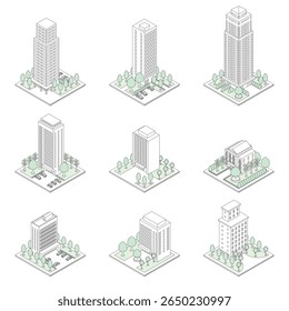 A three-dimensional illustration of a building.
Isometric drawing. Line art.