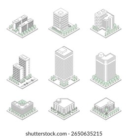 A three-dimensional illustration of a building.
Isometric drawing. Line art.
