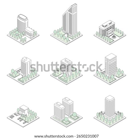 A three-dimensional illustration of a building.
Isometric drawing. Line art.