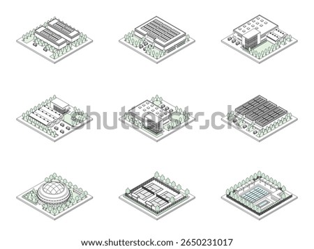 A three-dimensional illustration of a building.
Isometric drawing. Line art.