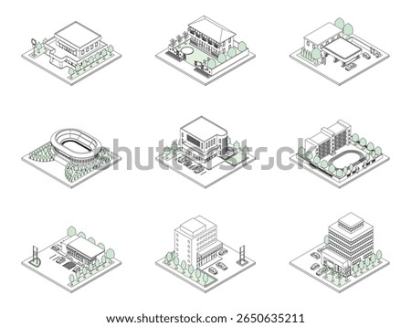 A three-dimensional illustration of a building.
Isometric drawing. Line art.