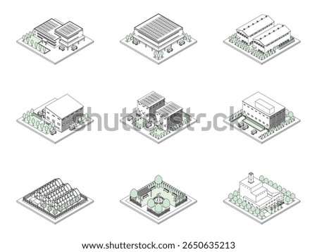 A three-dimensional illustration of a building.
Isometric drawing. Line art.