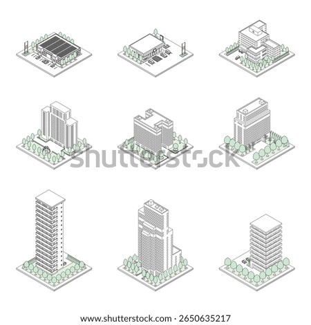 A three-dimensional illustration of a building.
Isometric drawing. Line art.
