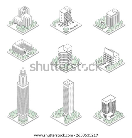 A three-dimensional illustration of a building.
Isometric drawing. Line art.