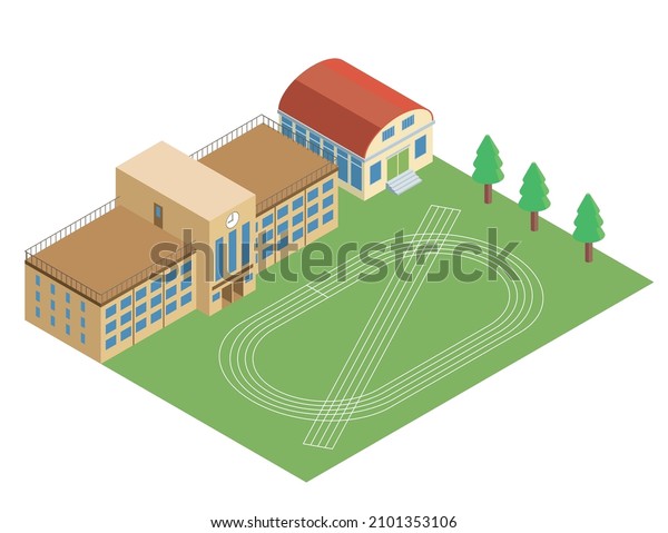 A three-dimensional illustration of a realistic\
isometric building and school building. Gymnasium, school\
playground, Japan, 3D.
