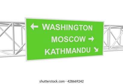 three-dimensional illustration of a road sign with directions: WASHINGTON; MOSCOW; KATHMANDU