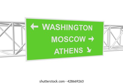 three-dimensional illustration of a road sign with directions: WASHINGTON; MOSCOW; ATHENS