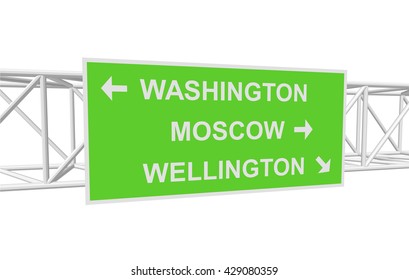 three-dimensional illustration of a road sign with directions: WASHINGTON; MOSCOW; WELLINGTON