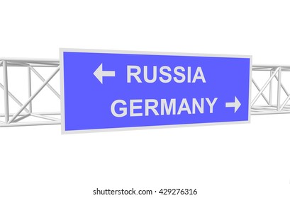 three-dimensional illustration of a road sign with directions: RUSSIA; FRANCE