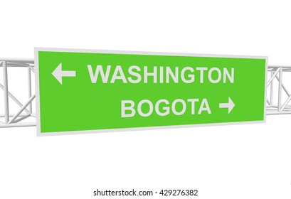 three-dimensional illustration of a road sign with directions: WASHINGTON; BOGOTA