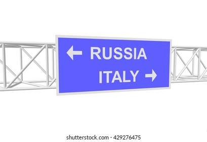 three-dimensional illustration of a road sign with directions: RUSSIA; ITALY