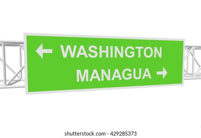 three-dimensional illustration of a road sign with directions: WASHINGTON; MANAGUA