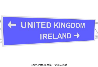 three-dimensional illustration of a road sign with directions: IRELAND; UNITED KINGDOM