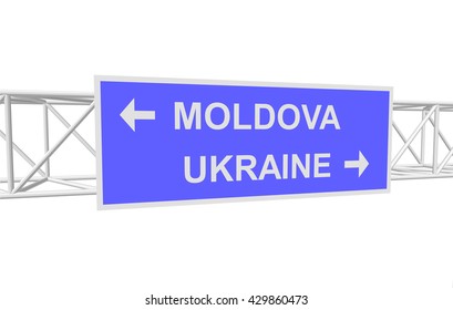 three-dimensional illustration of a road sign with directions: MOLDOVA; UKRAINE