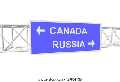 three-dimensional illustration of a road sign with directions: RUSSIA; CANADA