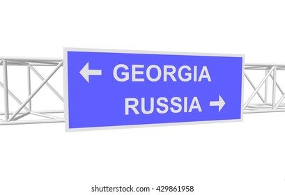three-dimensional illustration of a road sign with directions: RUSSIA; GEORGIA