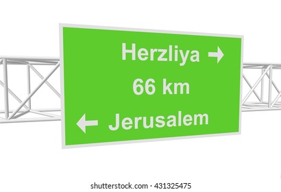 three-dimensional illustration of a road sign with directions: Jerusalem; Herzliya; distance
